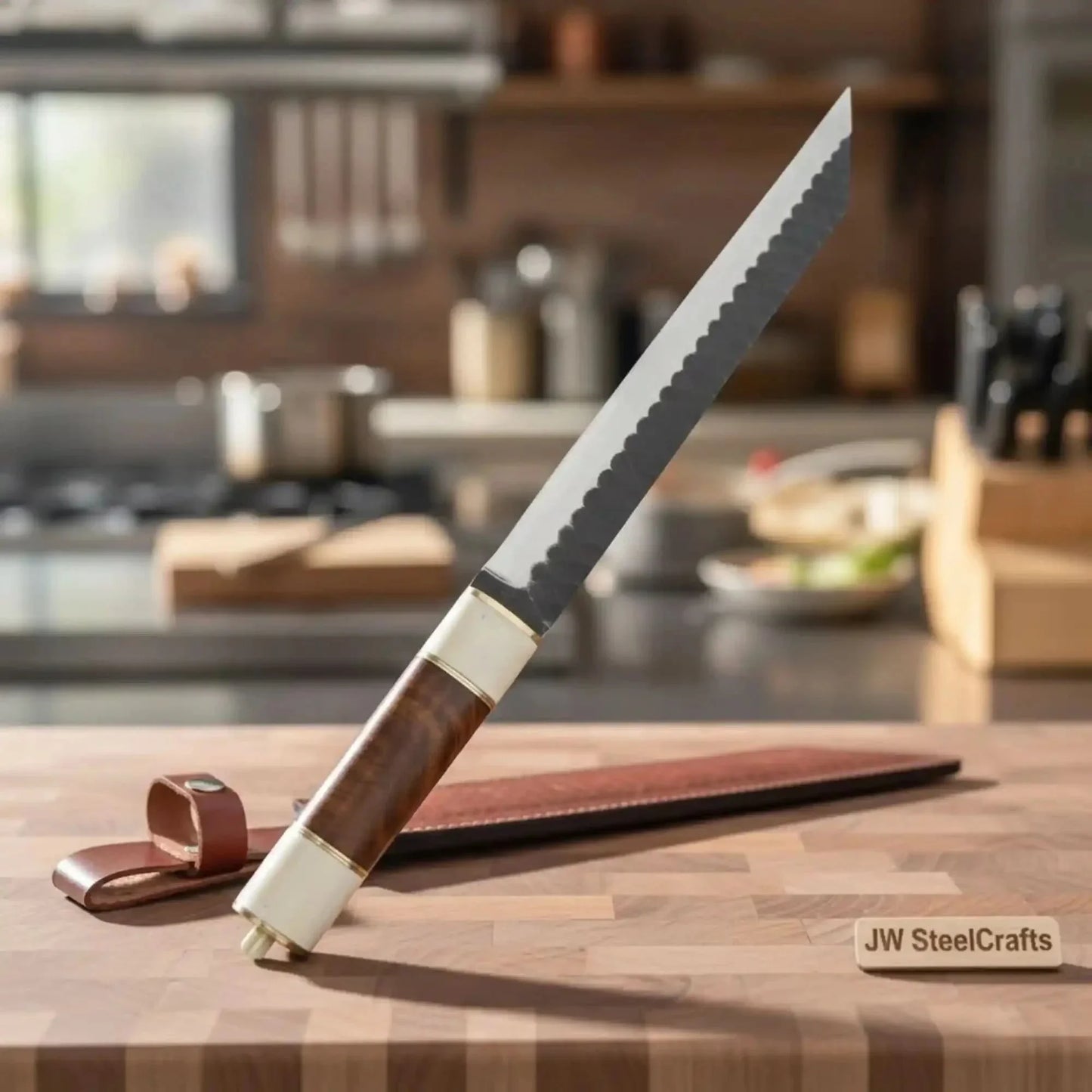 Serrated Bread Knife Long Blade Kitchen Knife Wooden Handle Precision Slicing Knife