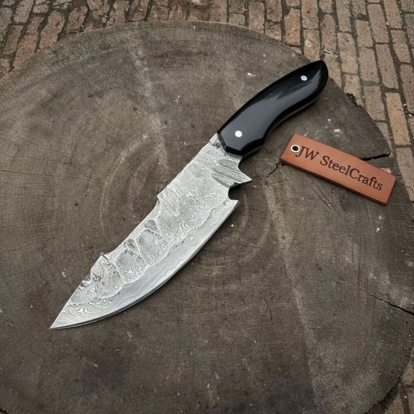 Damascus Field Knife 9” Blade Handmade Black Epoxy Resin Handle with Sheath