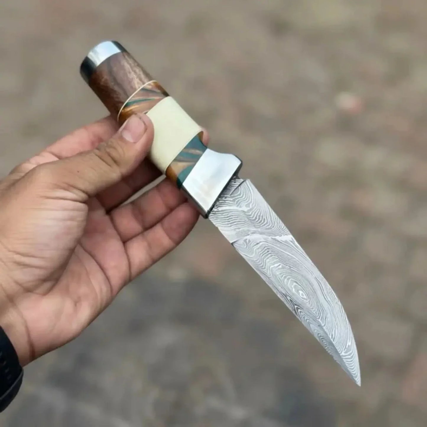 Hunting Knife 4.5” Damascus Steel Straight Back Blade Hybrid Wood Resin Handle Viking-Inspired