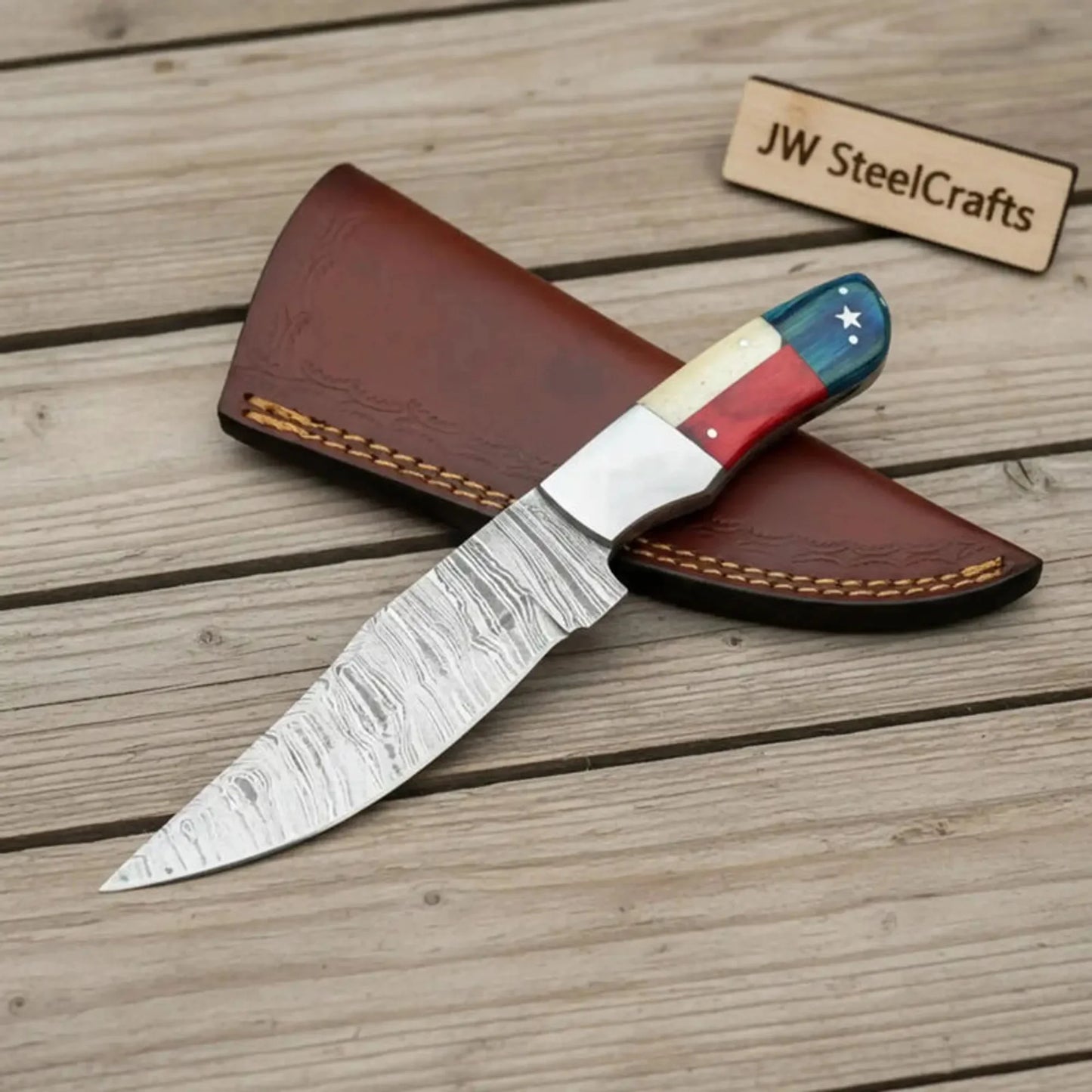 Damascus Camping Knife Fixed Blade USA Flag Resin Handle Outdoor Utility Knife with Sheath