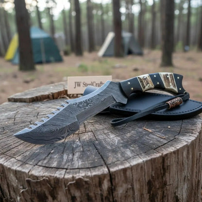 Tracker Knife Damascus Steel Multi Edge Blade With Leather Sheath