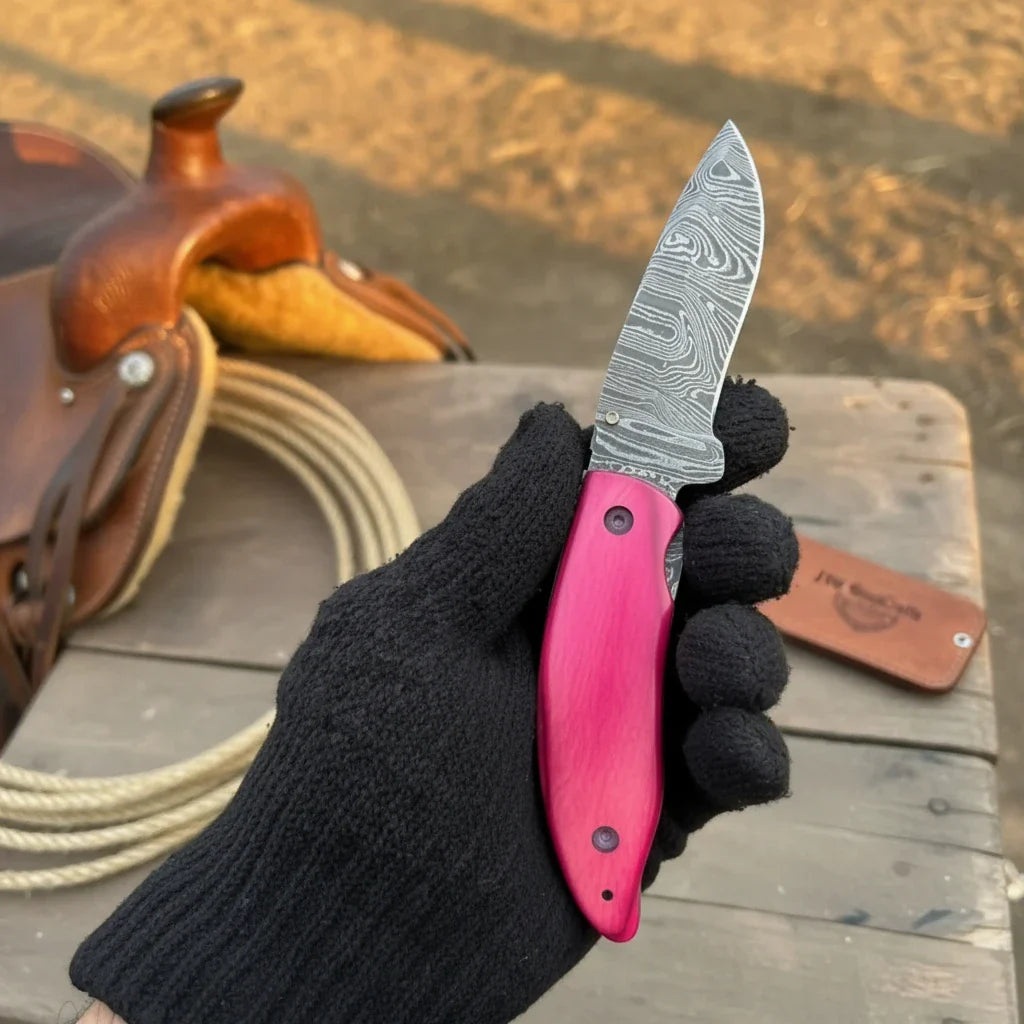 Pink Pakka Wood Damascus Folding Knife 7” – Handmade Persian EDC Pocket Knife