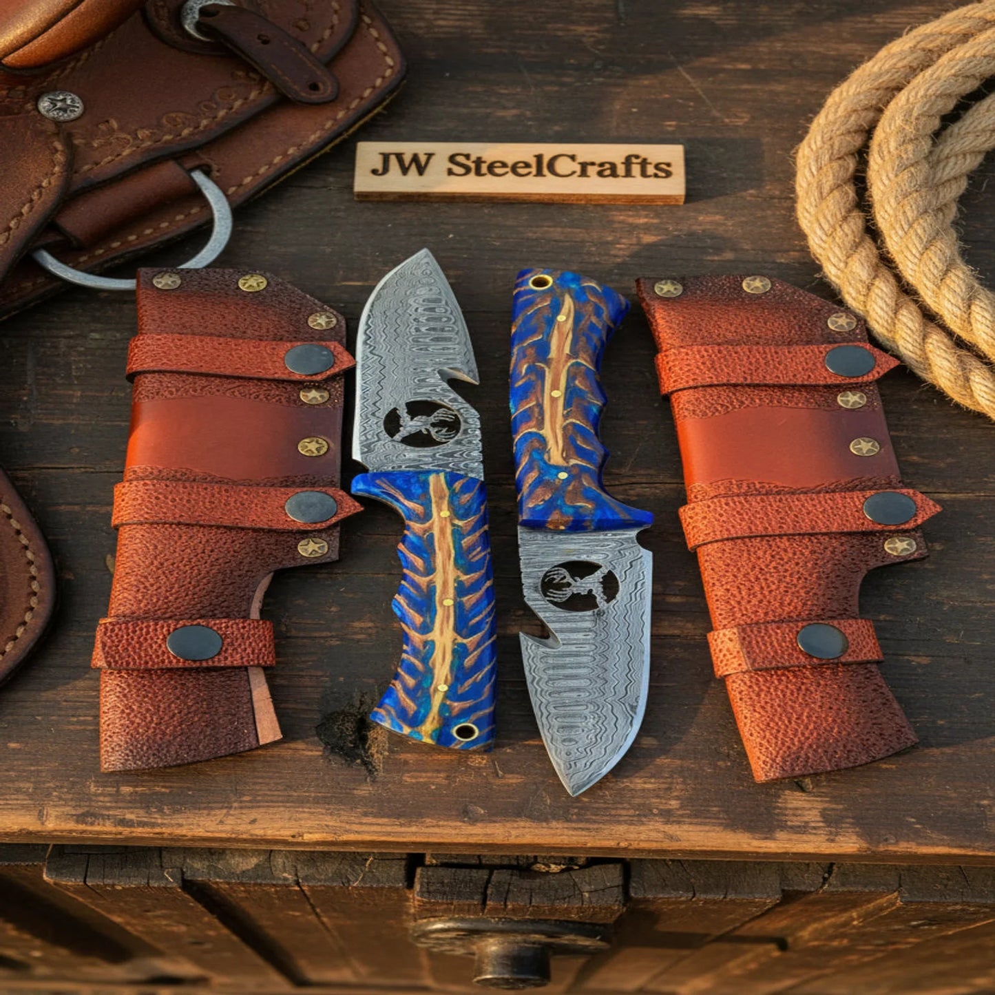 Handmade Skinner Knife Set of 2 7" Purple Pinecone Handle Deer Engraved