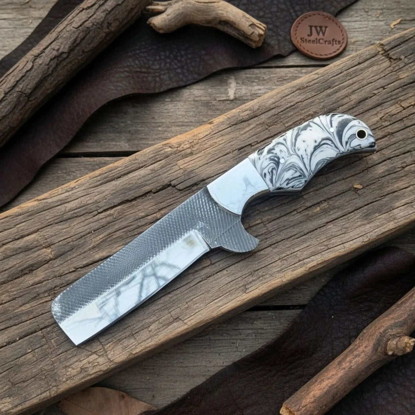 Rasp Steel Bull Cutter Knife — White and Black Marble Resin Handle