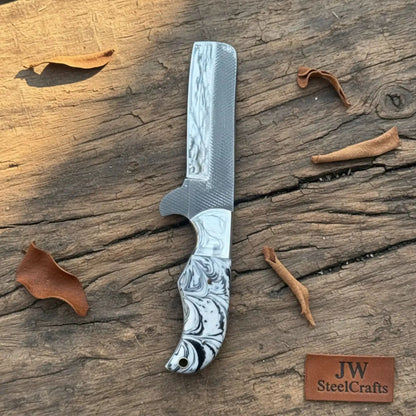 Rasp Steel Bull Cutter Knife — White and Black Marble Resin Handle