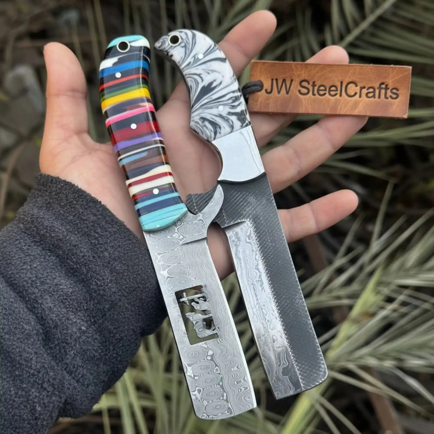 2-Piece Fixed Blade Knives — Rasp Steel Cleaver Rainbow Resin Handle