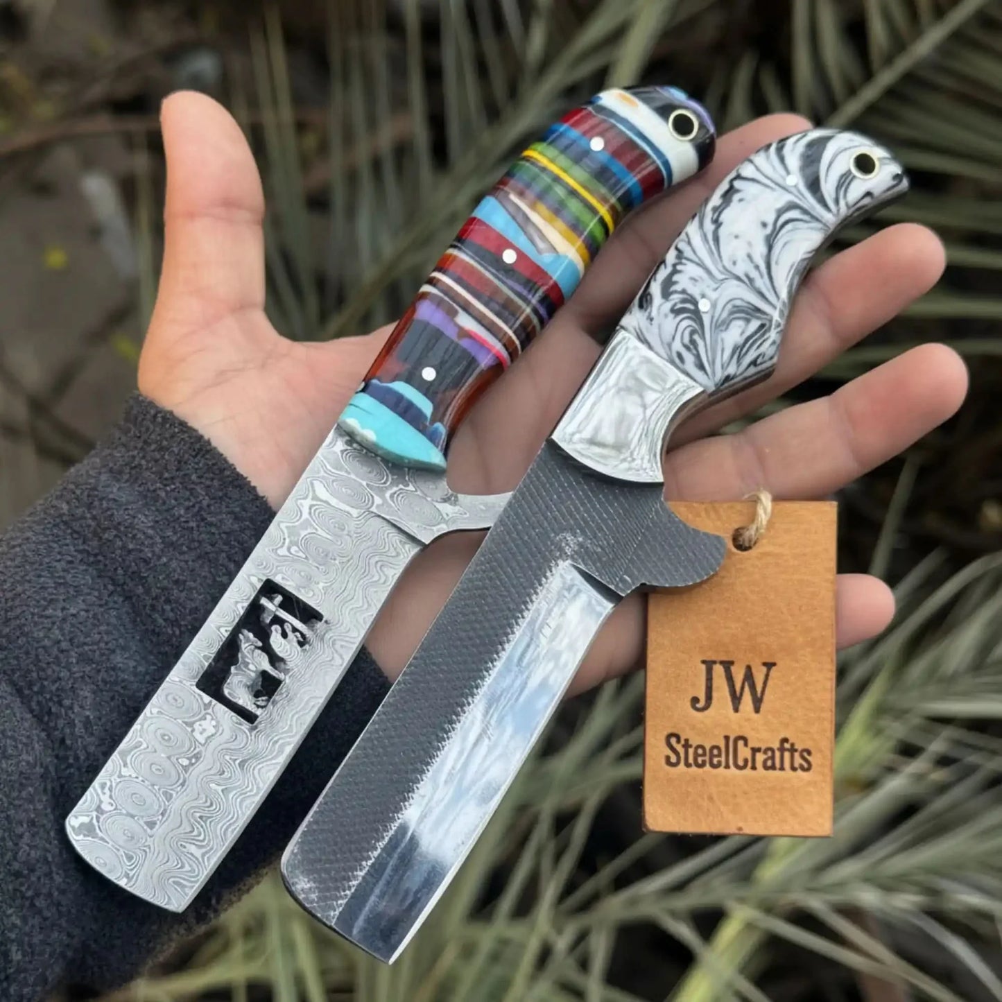 2-Piece Fixed Blade Knives — Rasp Steel Cleaver Rainbow Resin Handle