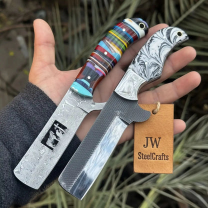 2-Piece Fixed Blade Knives — Rasp Steel Cleaver Rainbow Resin Handle