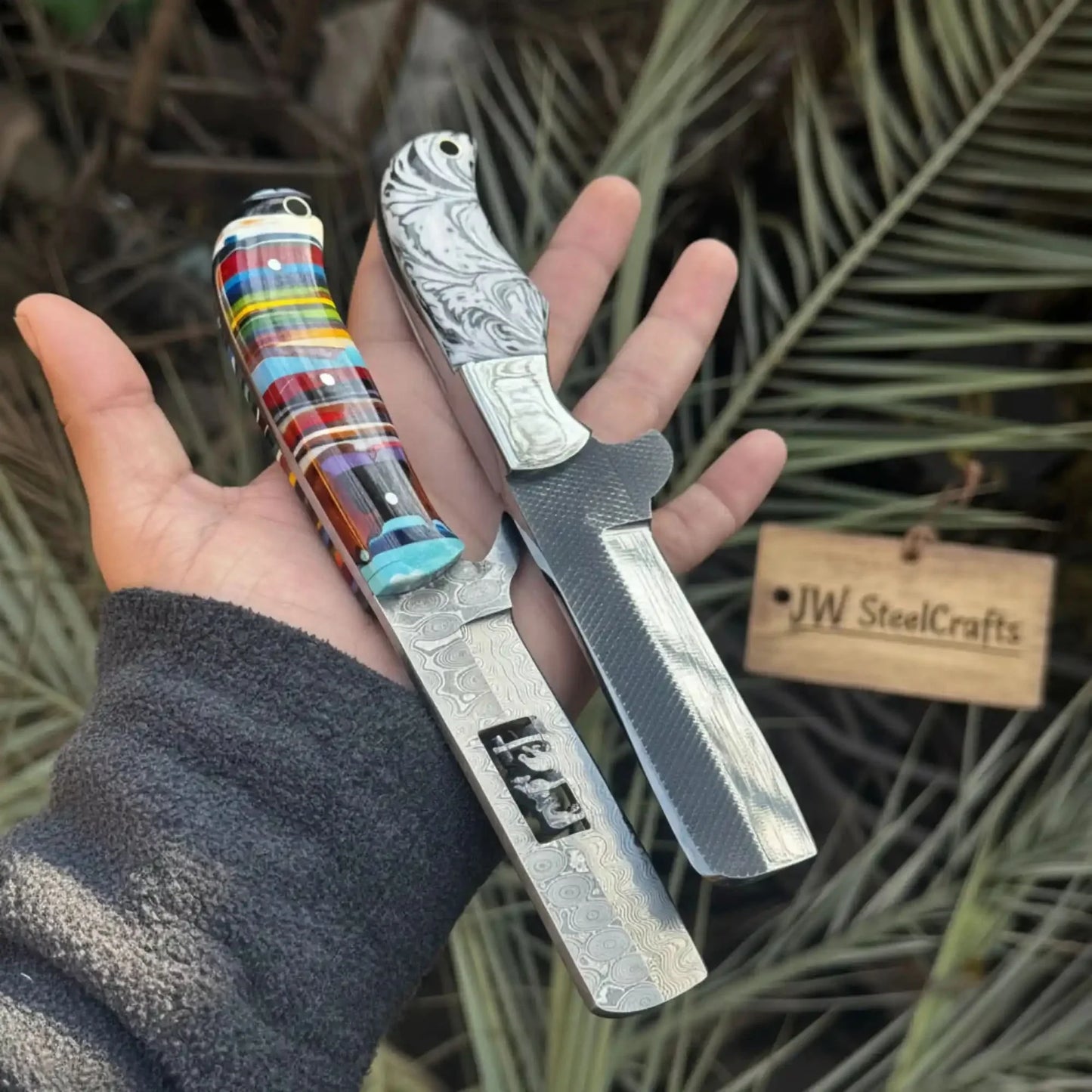 2-Piece Fixed Blade Knives — Rasp Steel Cleaver Rainbow Resin Handle