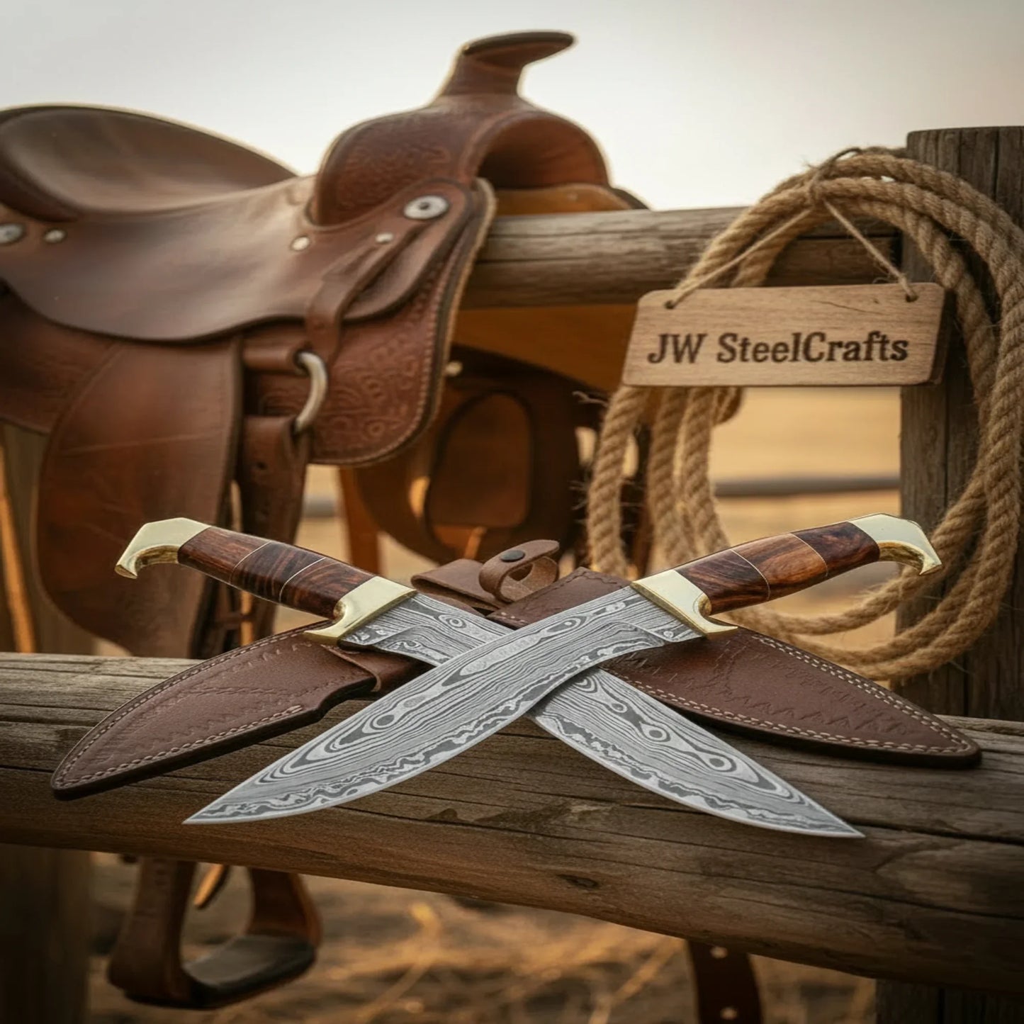 Ranchland Crossed Kukri Set 20" Handmade Damascus Steel Knives with Leather Sheaths