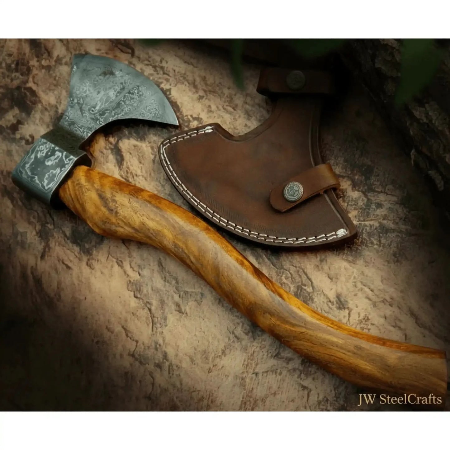 Hand Engraved Norse Viking Bearded Axe with Damascus Steel Blade and Carved Hardwood Handle | JW SteelCrafts