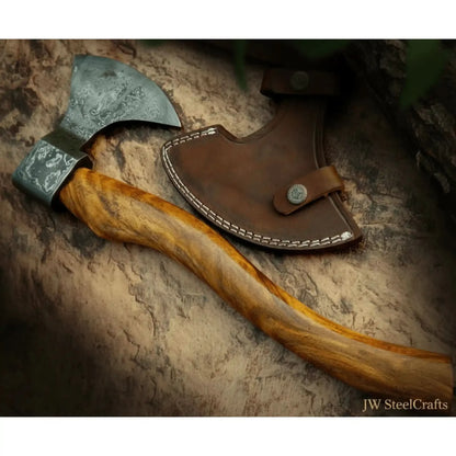 Hand Engraved Norse Viking Bearded Axe with Damascus Steel Blade and Carved Hardwood Handle | JW SteelCrafts