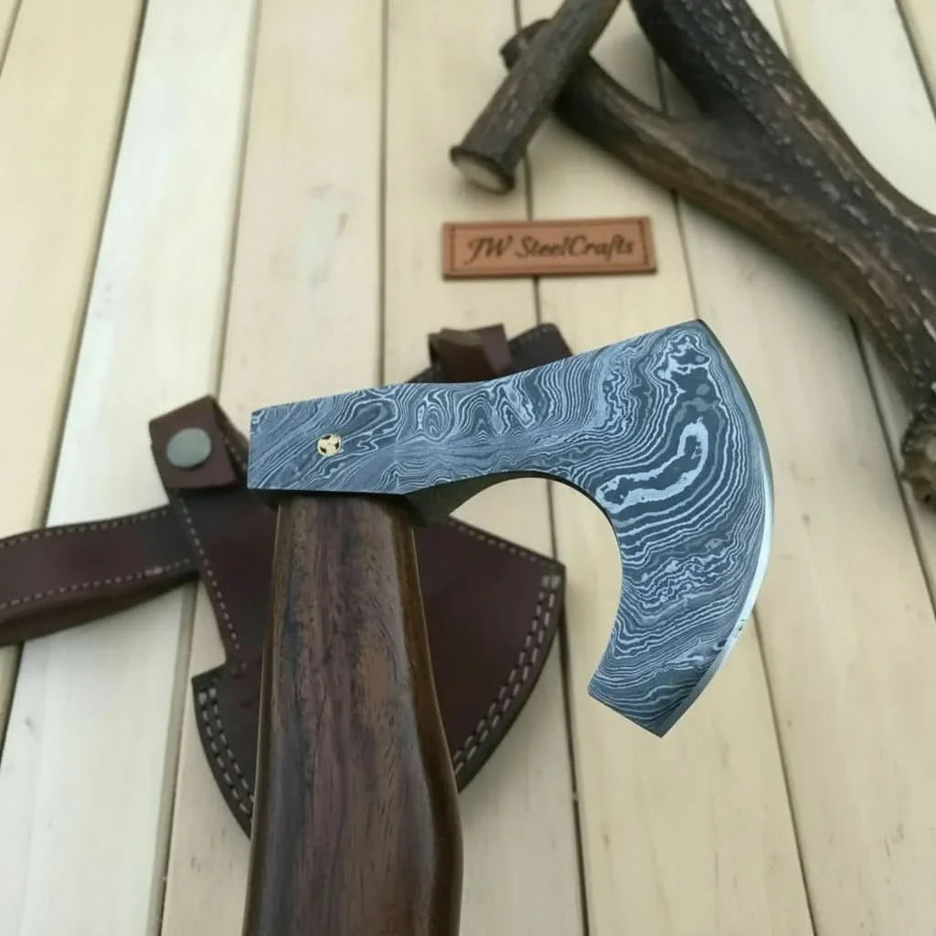 Damascus Camping Axe with Curved Rosewood Handle – Hand Forged Bushcraft Axe with Leather Sheath | JW SteelCrafts