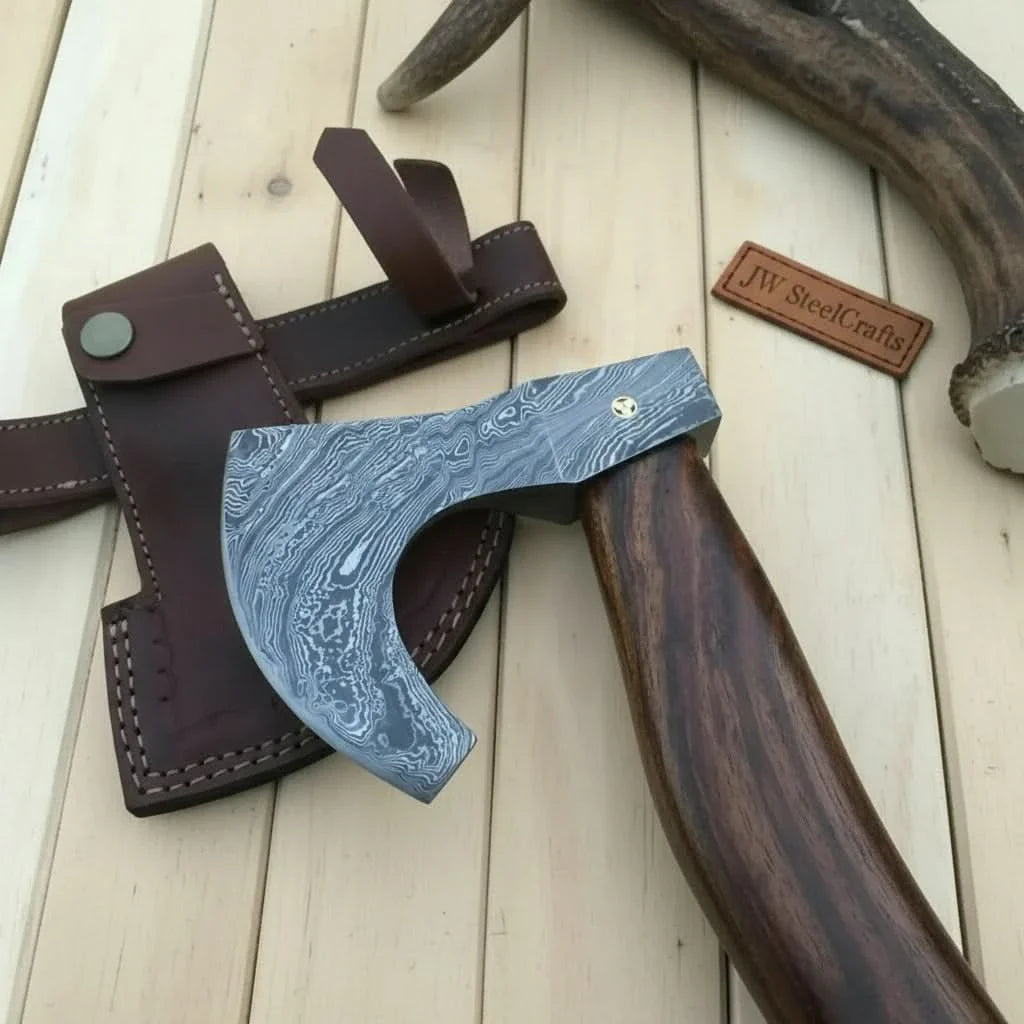 Damascus Camping Axe with Curved Rosewood Handle – Hand Forged Bushcraft Axe with Leather Sheath | JW SteelCrafts