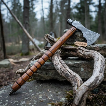 Damascus Smoking Axe with Leather Sheath and Ringed Rosewood Handle