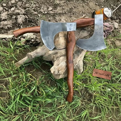 Matching Pair of Hand-Forged Damascus Bearded Axes with Curved Rosewood Handles