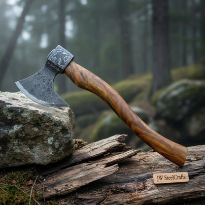 Hand Engraved Norse Viking Bearded Axe with Damascus Steel Blade and Carved Hardwood Handle | JW SteelCrafts