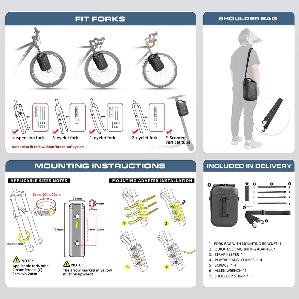 Rhinowalk Waterproof Quick Release Fork Bag-RK406 6L,Pannier Bag, Saddle Bag, Shoulder Bag