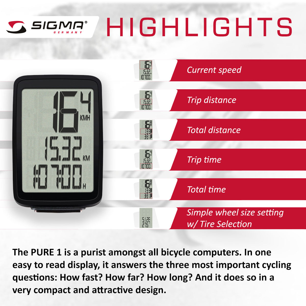 SIGMA Bicycle Computer - PURE 1 ATS, Analogue Wireless
