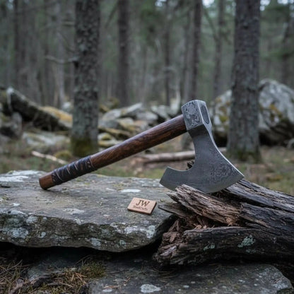 Handmade Damascus Steel Bearded Viking Axe with Hardwood Handle – Custom Forged Norse Camp Axe | JW SteelCrafts