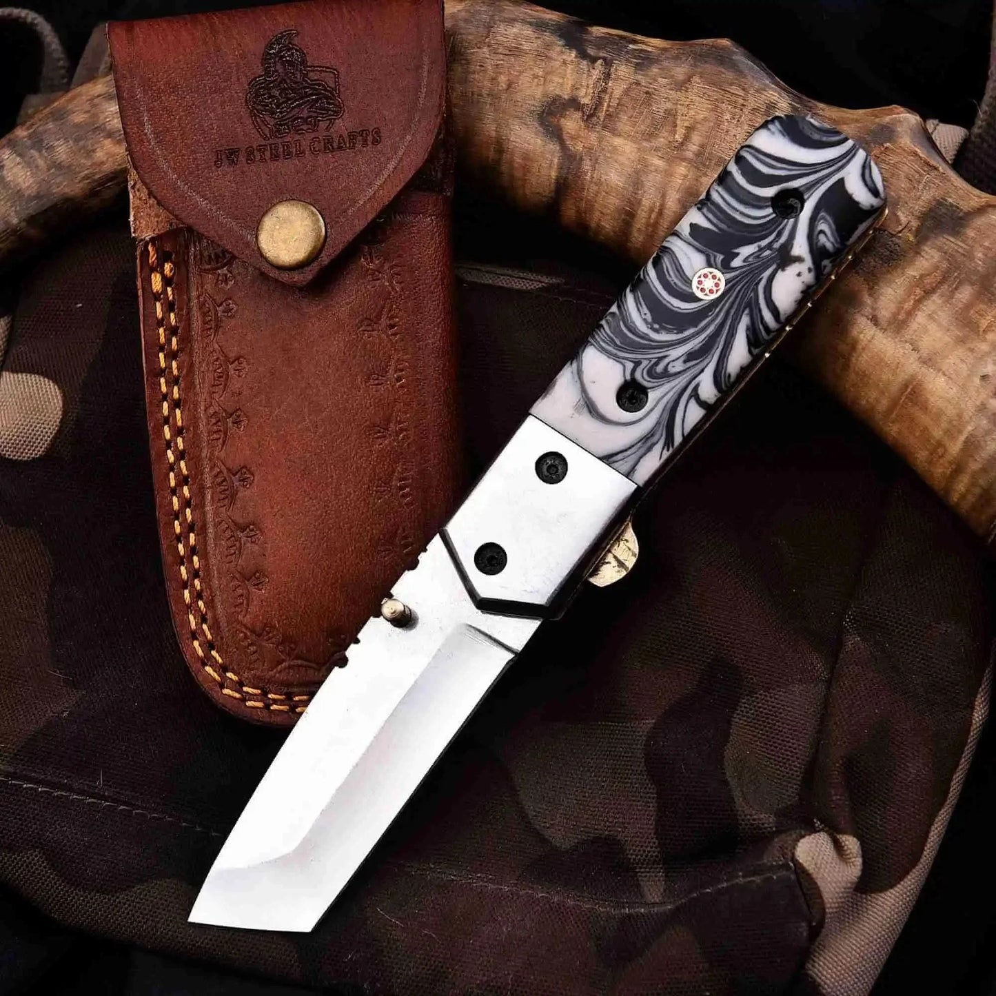 Handmade Folding Knife with Cleaver Blade and Marble Resin Handle