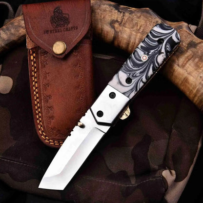 Handmade Folding Knife with Cleaver Blade and Marble Resin Handle