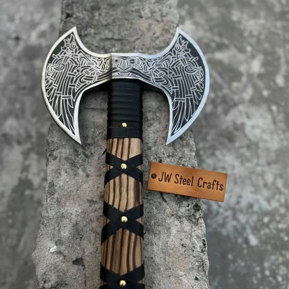 Hand Engraved Double Headed Viking Axe with Nordic Knotwork and Leather Wrapped Handle