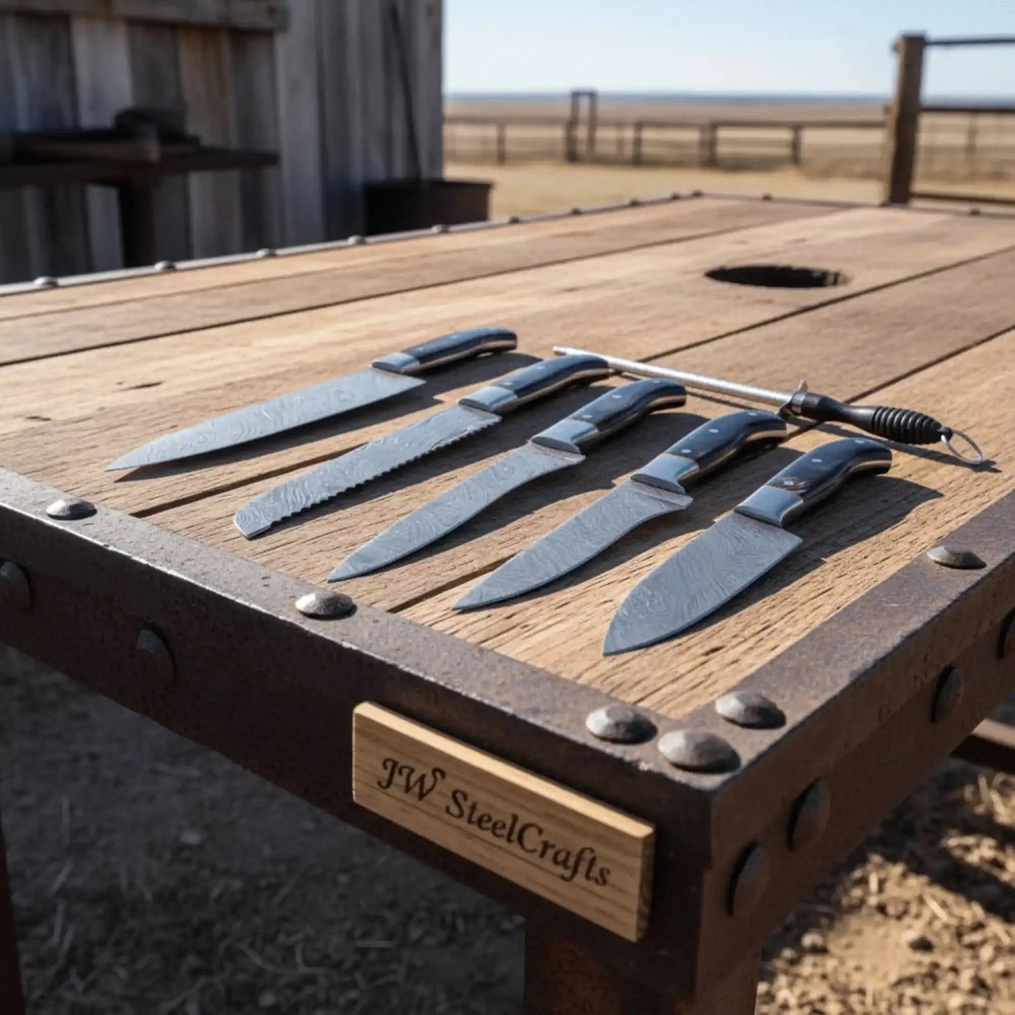 5-Piece Damascus Kitchen Knife Set — 9" Uniform Blades, Black Handles with Steel Bolsters, Leather Roll & Honing Rod