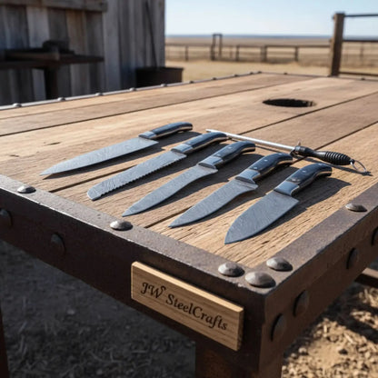 5-Piece Damascus Kitchen Knife Set — 9" Uniform Blades, Black Handles with Steel Bolsters, Leather Roll & Honing Rod