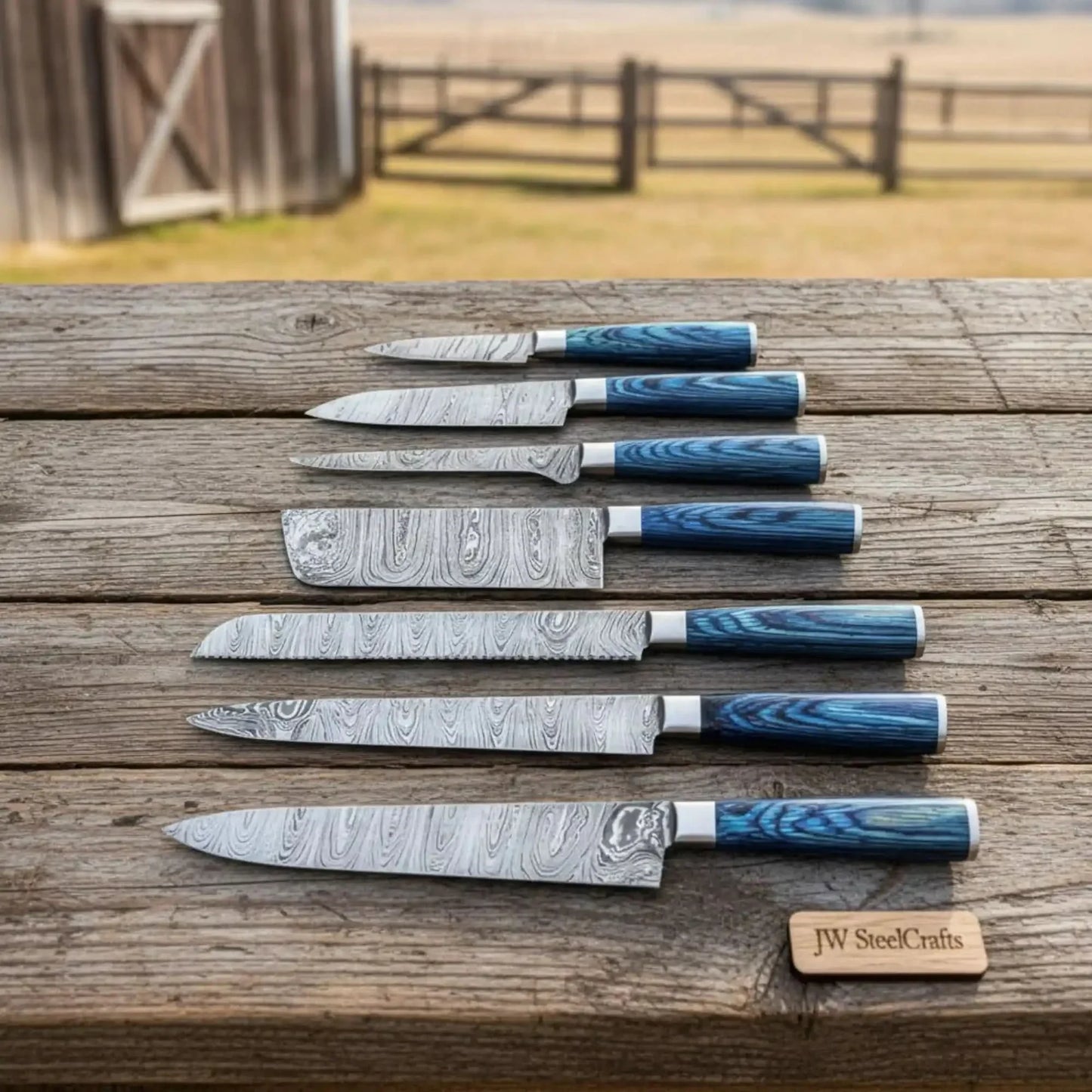 Artisan Damascus Specialty Chef Set — Sujihiki Carver, Nakiri Cleaver & Bunka/Petty Trio Collection
