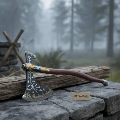 Hand Forged Viking Fantasy Double-Bit Axe with Norse Engraving, Gold Handle Fittings and Blue Gemstone Inlays