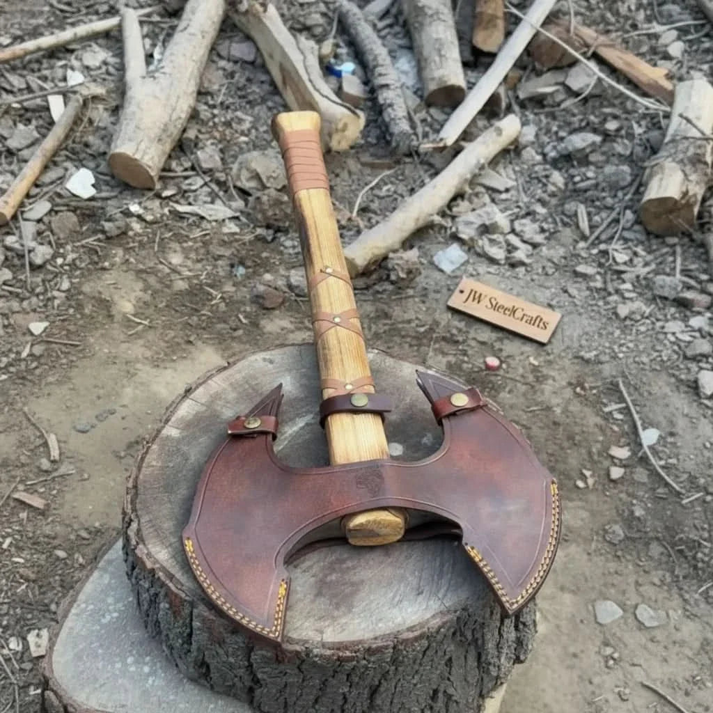 Handcrafted Double-Head Decorative Axe with Wooden Handle – JW SteelCrafts