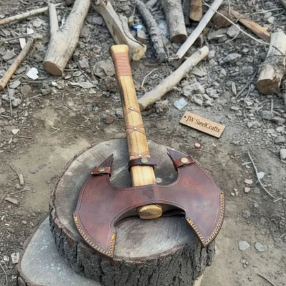 Handcrafted Double-Head Decorative Axe with Wooden Handle – JW SteelCrafts