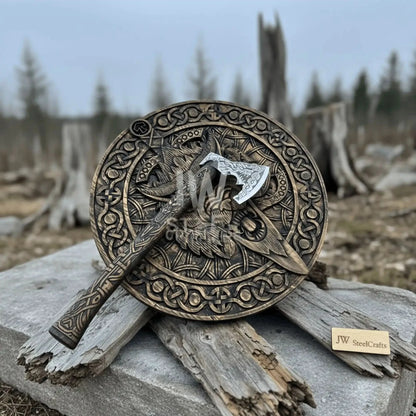 Handcrafted Viking Shield and Engraved Axe Set with Raven Motif and Norse Knotwork