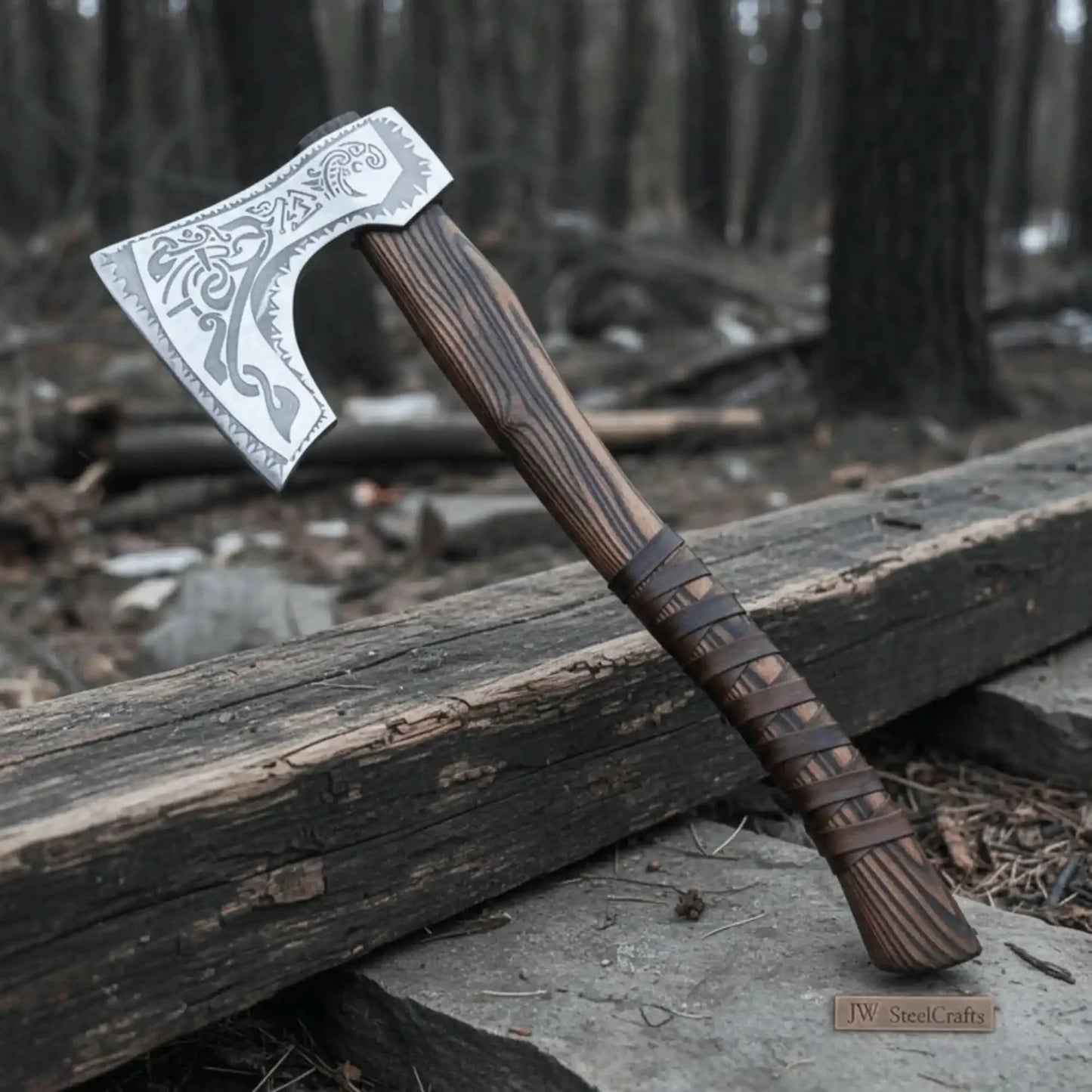 Hand Forged Carbon Steel Viking Axe with Carved Ash Wood Handle and Leather Grip