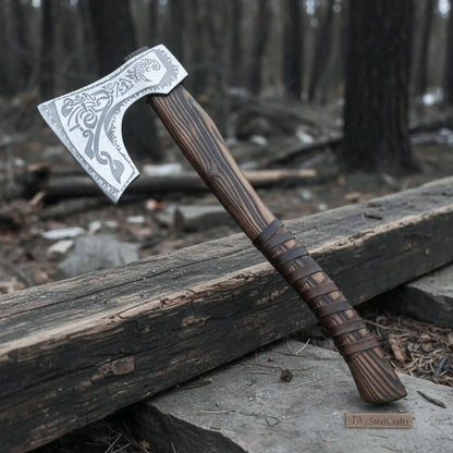 Hand Forged Carbon Steel Viking Axe with Carved Ash Wood Handle and Leather Grip