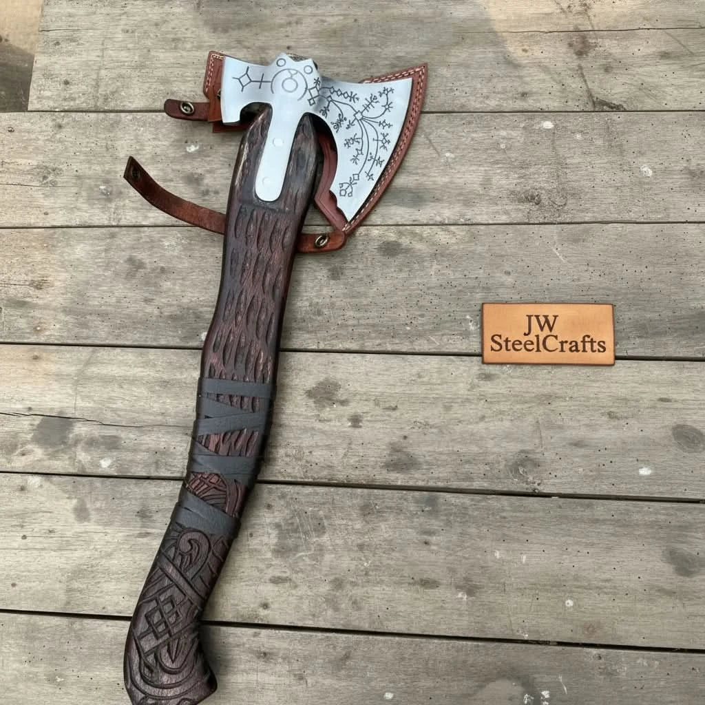 Handmade Viking Double-Bit Carbon Steel Axe with Norse Rune Etching and Engraved Hardwood Handle