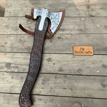 Handmade Viking Double-Bit Carbon Steel Axe with Norse Rune Etching and Engraved Hardwood Handle
