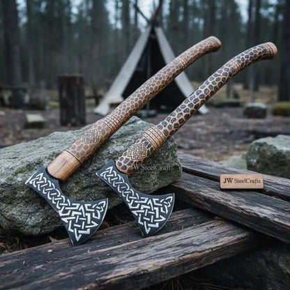Engraved Viking Throwing Axe Set, Pair of Norse Knotwork Hatchets with Carved Hardwood Handles | JW SteelCrafts