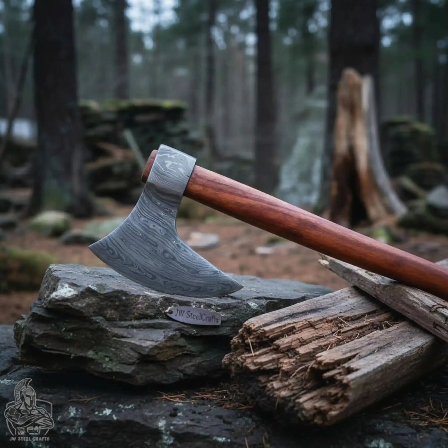Damascus Steel Scandinavian Working Bearded Axe with Crescent Edge | JW SteelCrafts