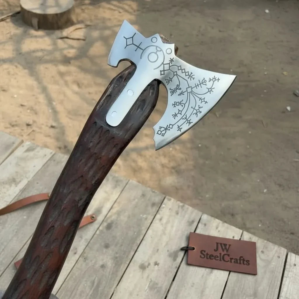 Handmade Viking Double-Bit Carbon Steel Axe with Norse Rune Etching and Engraved Hardwood Handle