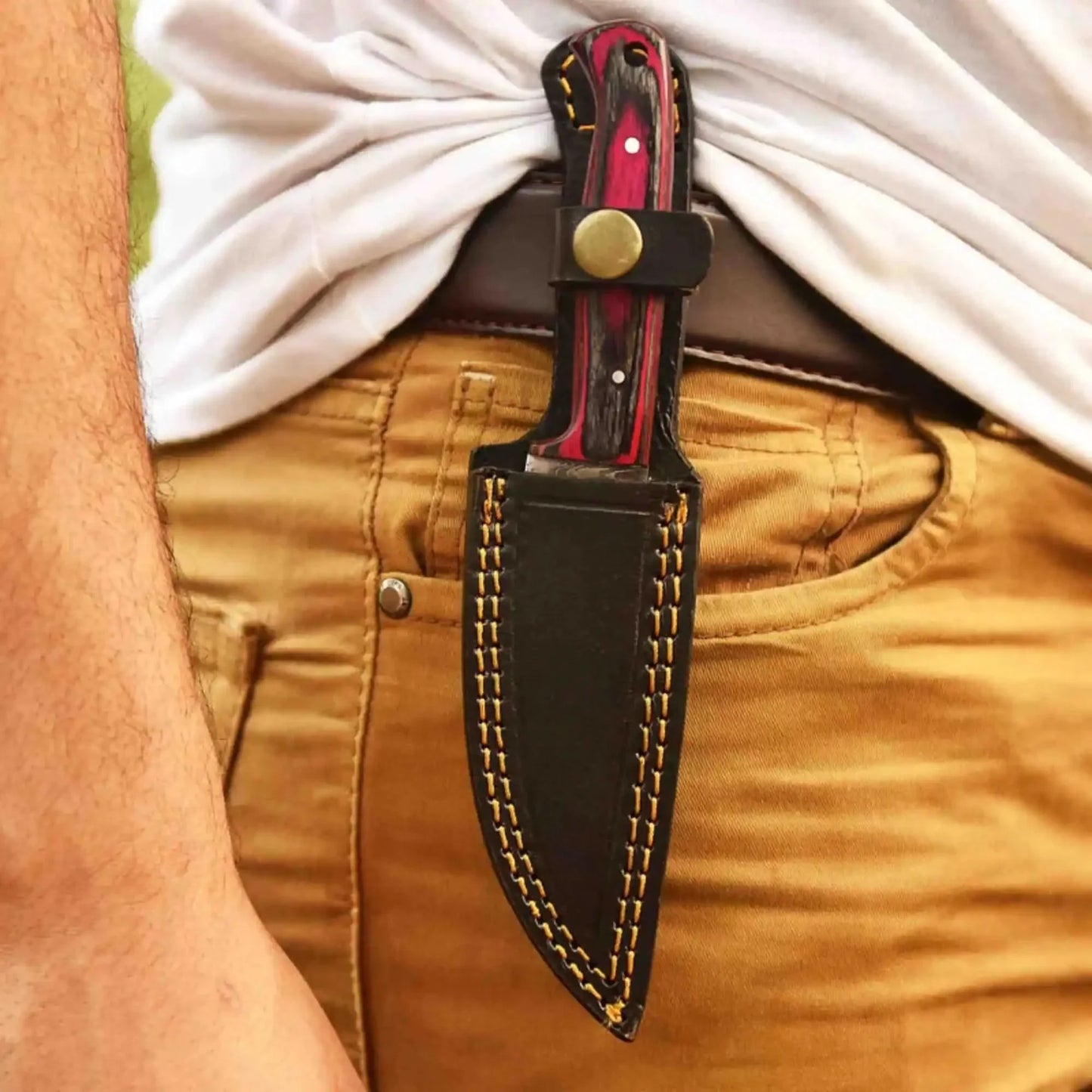 Damascus Steel Fixed Blade Knife – Pink & Blue Pakka Wood Handle | JW SteelCrafts