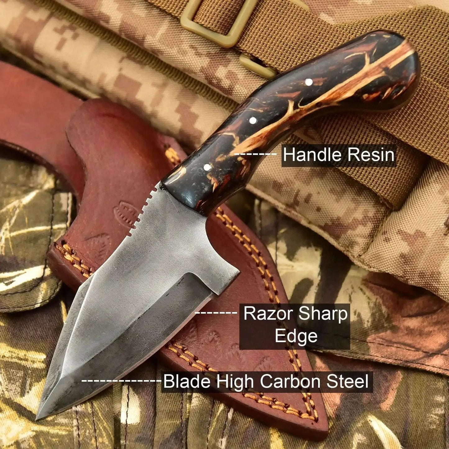 Acid Washed Stainless Steel Hunting Knife – Pinecone Handle | Outdoor & Camping Knife