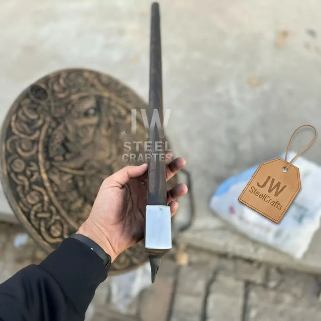 Handcrafted Viking Shield and Engraved Axe Set with Raven Motif and Norse Knotwork