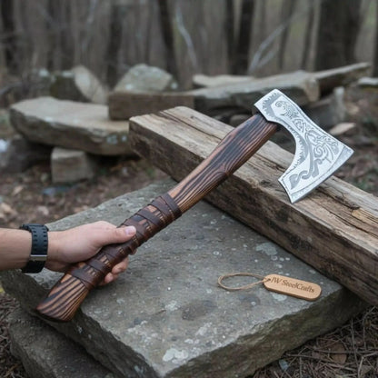 Hand Forged Carbon Steel Viking Axe with Carved Ash Wood Handle and Leather Grip