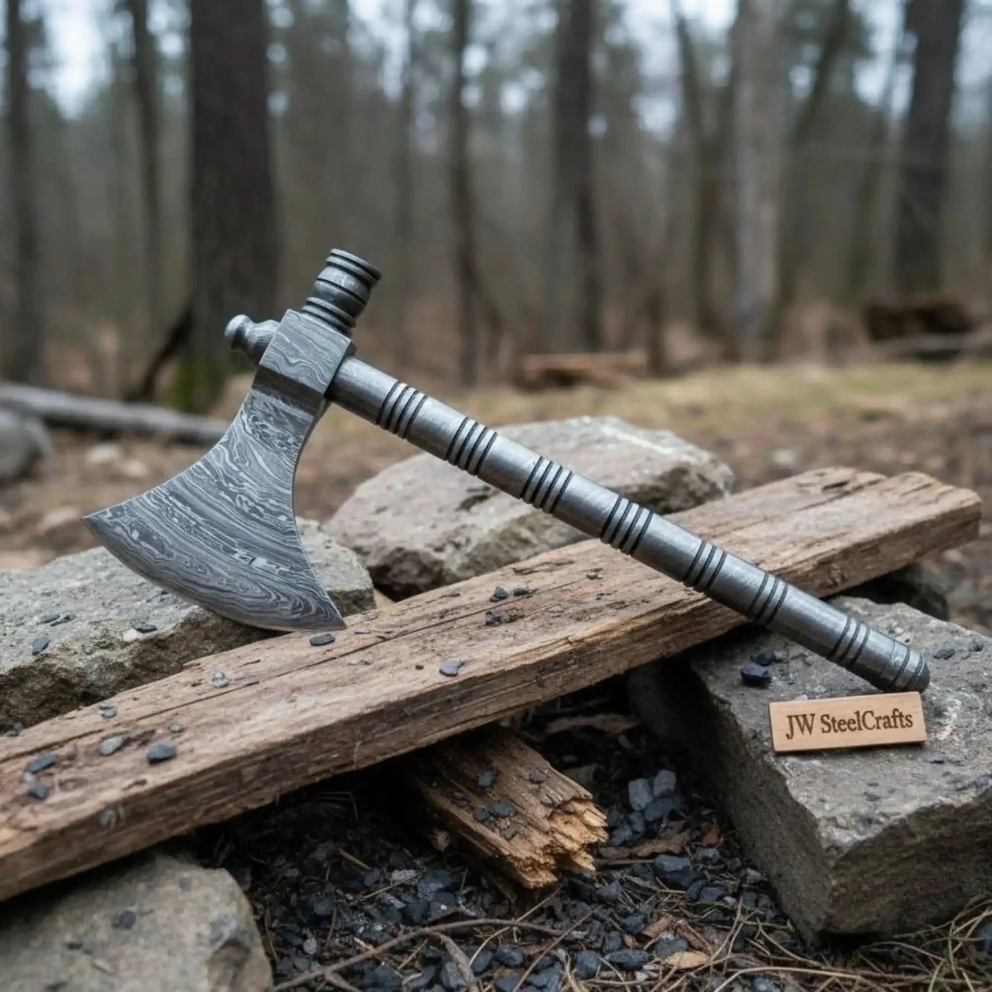Damascus Steel Smoking Pipe Axe – Hand Forged Functional Pipe Tomahawk with Carved Hardwood Handle | JW SteelCrafts