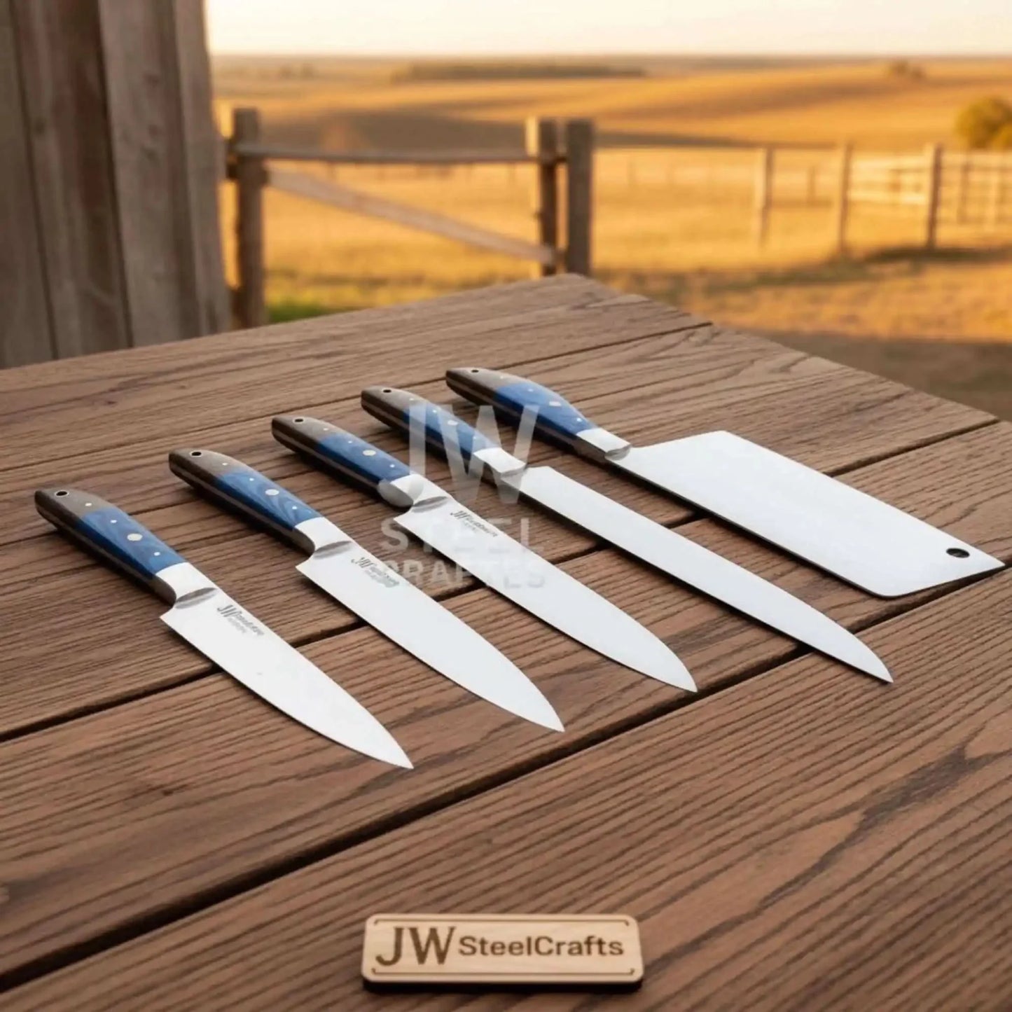 Blue Wood Damascus Chef Knife Set: 5-Piece Handmade Collection