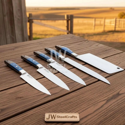 Blue Wood Damascus Chef Knife Set: 5-Piece Handmade Collection