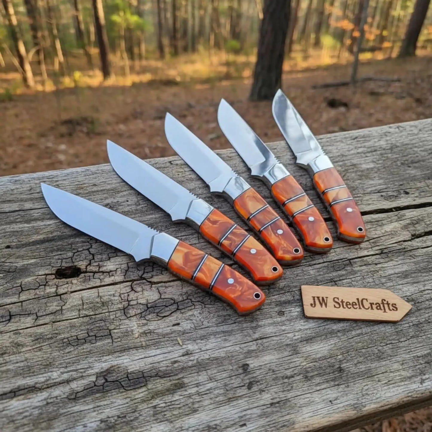 Handmade Artisan Scandi Bushcraft Knife of Set 5-Piece with Scandi Grind & Orange Resin Handles
