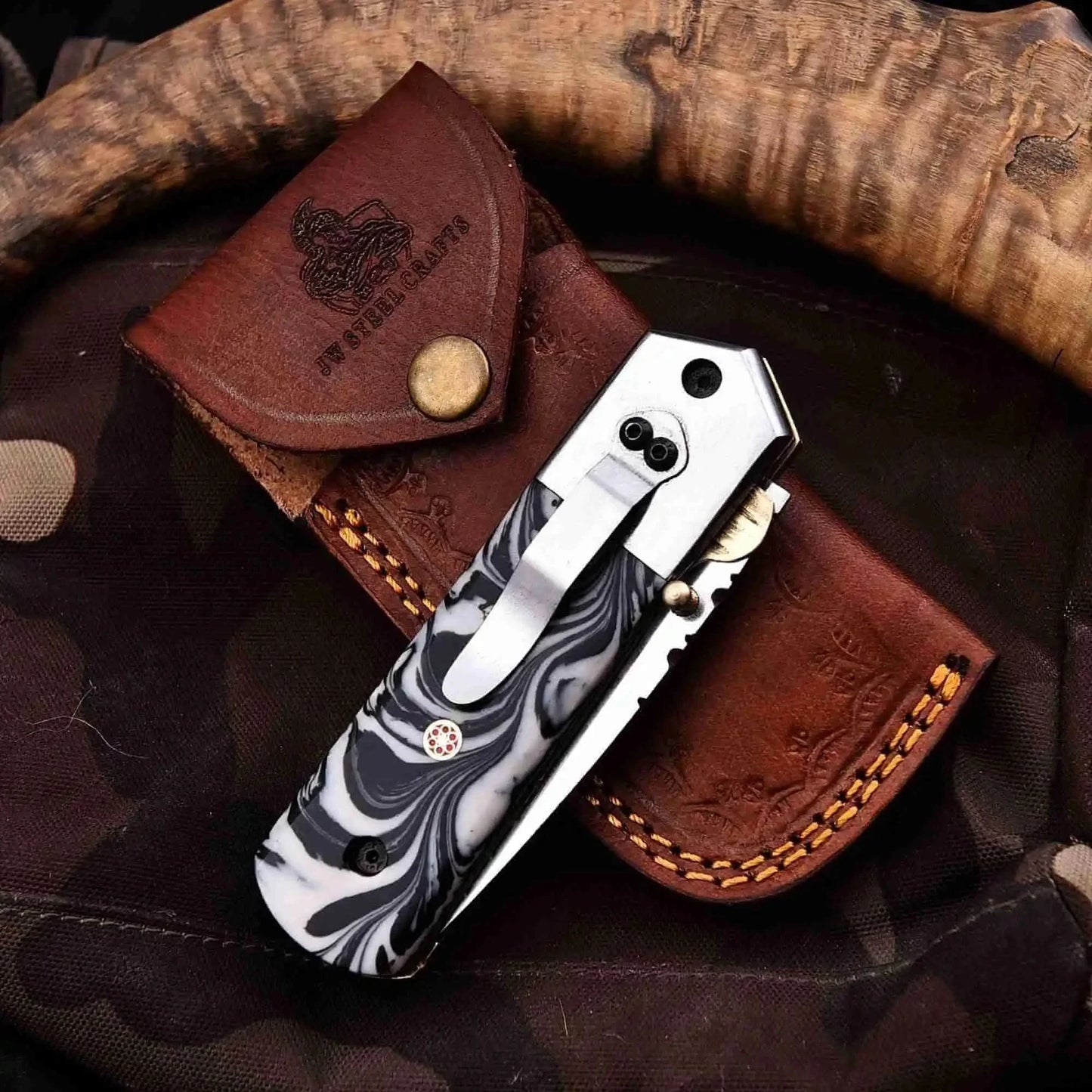 Handmade Folding Knife with Cleaver Blade and Marble Resin Handle